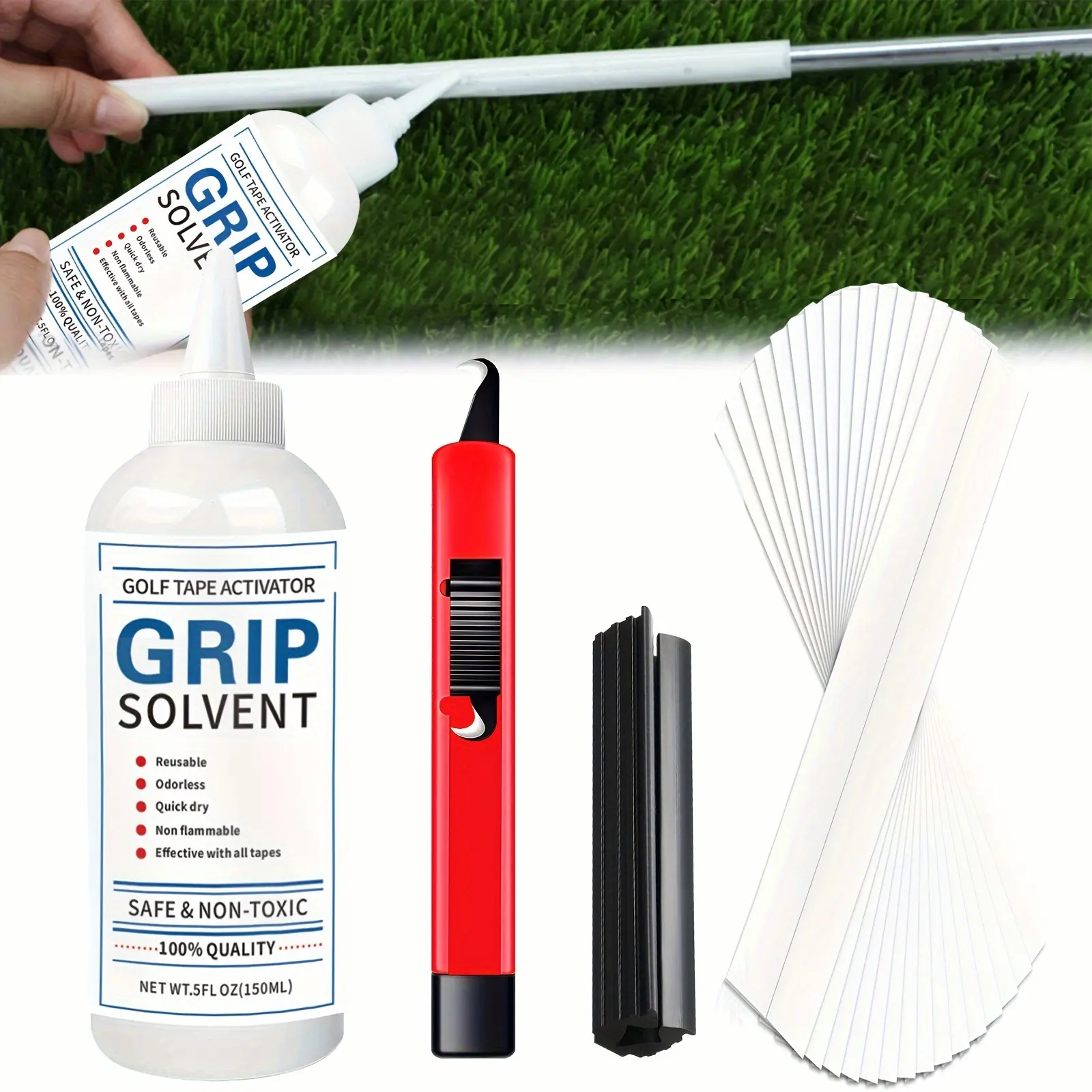 Professional Golf Grip Regripping Kit with Hook Blade, 15 Tape Strips, 5 Oz Solvent & Rubber Vise Clamp