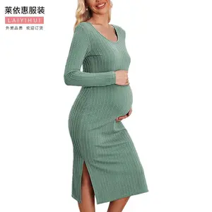 New style maternity dress, long-sleeved, loose-fitting on the sides, knitted ribbed maternity bodycon dress for autumn and winter