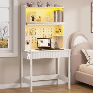 Lvifur 31.5" Small Study Desk with - Drawer & Hutch,Computer Desk with Charging Station,Compact Writing Desk with LED Reading Lights