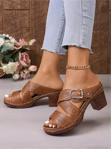 Women's Casual High Heel Sandals Lightweight Solid Color Platform Chunky Heel Slip On Footwear Fashionable Platform Sandals