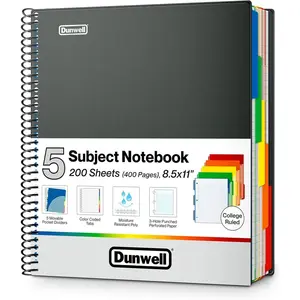 5-Subject Notebook, College Ruled, Colorful Movable Pocket Dividers with Tabs, Front/Back Plastic Covers, 200 Sheets (400 Pages) of 3-Hole Punch Perforated 8.5x11 Paper