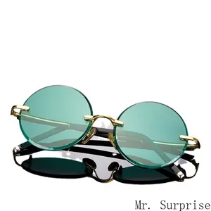 Natural Green Crystal Stone Sunglasses | Vintage Round Rimless Eyewear | Donghai Authentic Cool Sun Glasses for Men