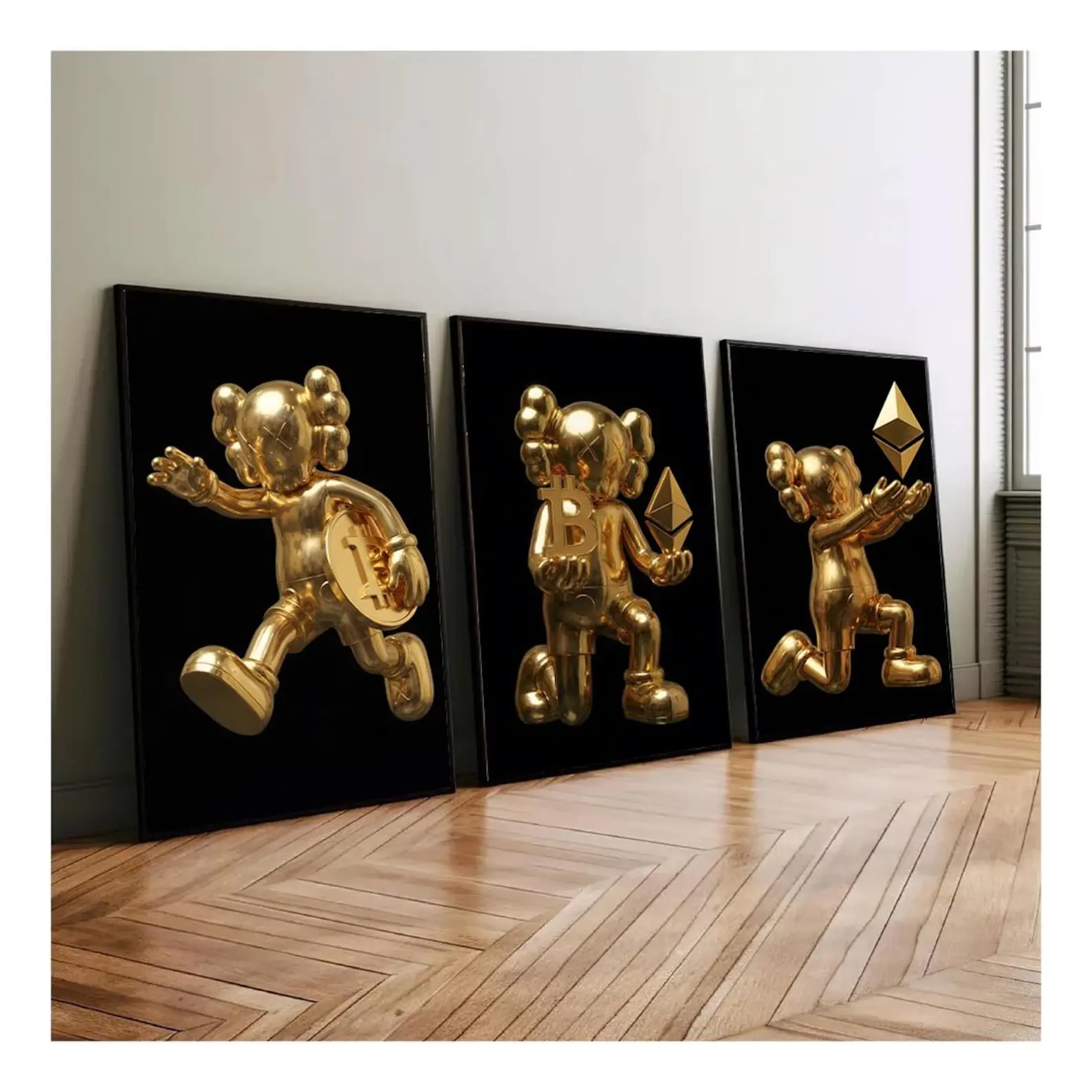 Set of 3 Hypebeast Golden Printable Posters - Gold KAWS Graffiti, Hypebeast Gold Toys, Sneaker Themed Wall Art for Home Decor