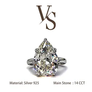 [Venus Jewelry] Lab Created Gemstone 14 CCT Pear Shape Plain Band Setting Elegant Design Solid Silver 925 Ring