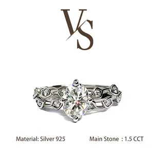 [Venus Jewelry] Synthetic Moissanite 1.5 CCT Oval Shape Flower Brance Design VVS 1 D Color Solid Silver 925 Solitare Ring