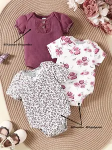 3-piece baby short sleeved triangle jumpsuit with elegant flowers for girls, crawling clothes for newborns, cotton soft jumpsuit for home wear
