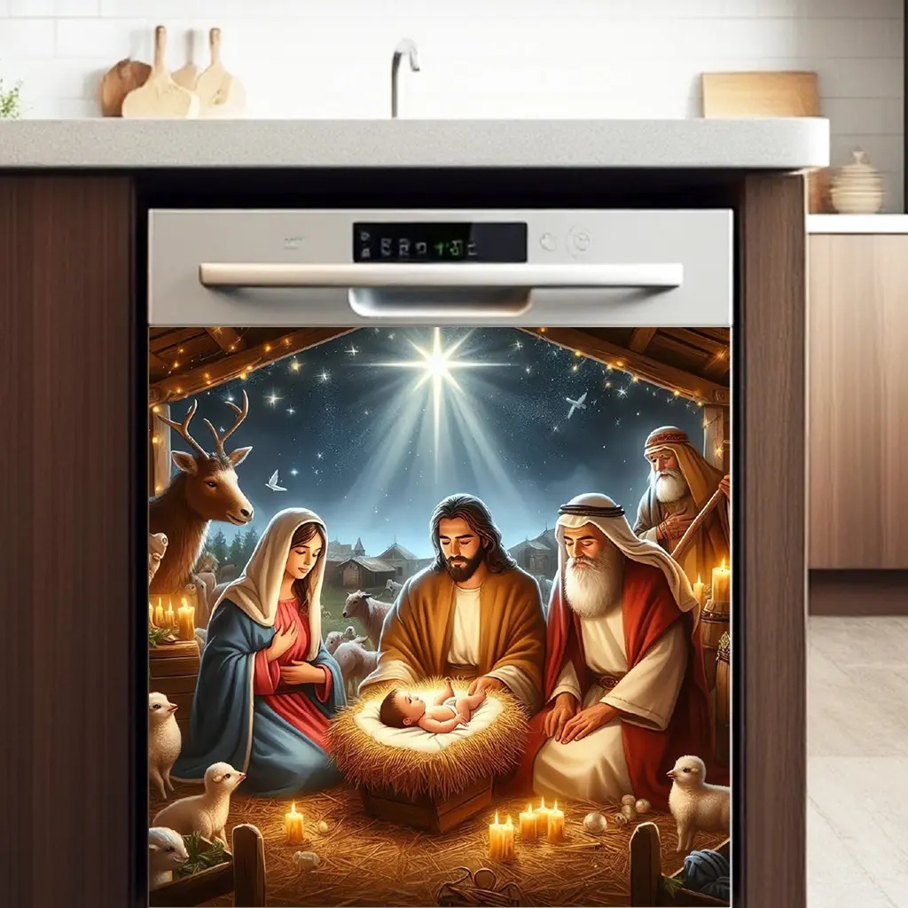 1pc Jesus Birth Oven Decoration Sticker with Holy Light Blessing - Waterproof, Removable PVC Wall Sticker, Suitable for Holiday Decoration, Party Decoration, Home Decoration, Kitchen Decoration, Creates a Warm and Sacred Atmosphere