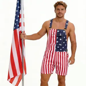 Patriotic Stars and Stripes Romper Jumpsuit 4th of July Outfits for Couples USA Flag Denim Feel Coveralls Stretchy Material for Comfort Summer Streetwear Memorial Day BBQ Party Fits