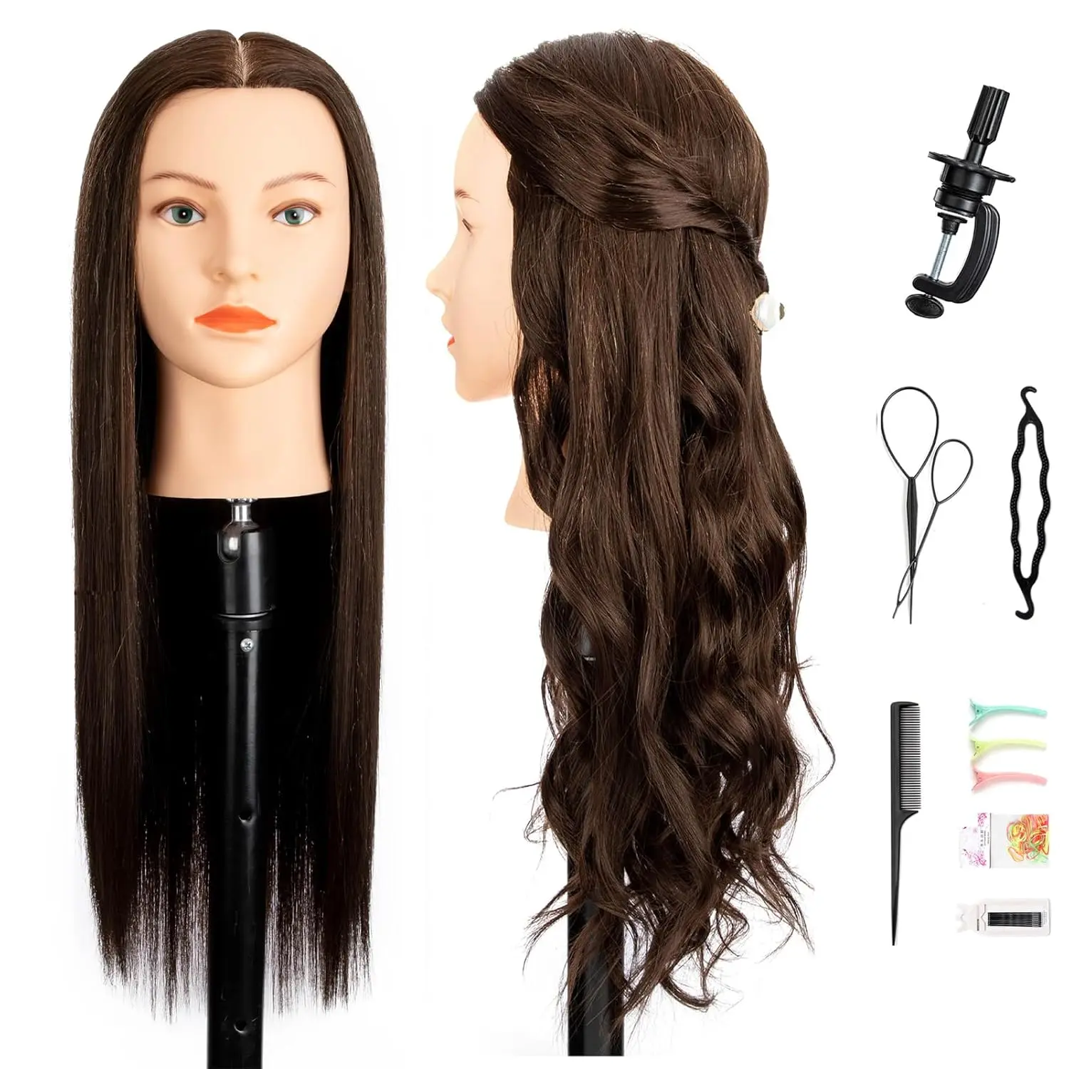 Professional Mannequin Head with 80% Human Hair, 26-28 Inch Dark Brown #4, Training Model for Styling and Braiding Practice with Clamp Holder, Mannequin Heads, Conditioning, Barbers, #4 Dark Brown, Washing, Straightening, Curling, 180% Density, Hair Acces