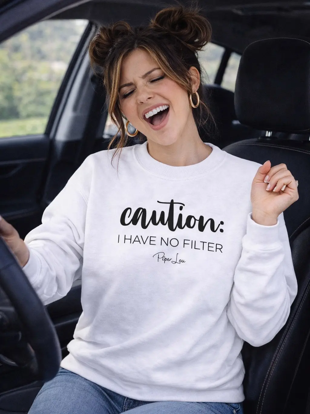 Caution I Have No Filter Graphic Crewneck Sweatshirt - 50% Cotton 50% Polyester Pre-shrunk Classic Fit Air-jet Spun Yarn Soft Feel
