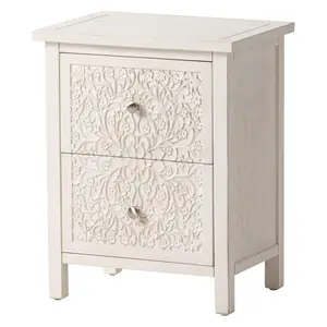 COZAYH Farmhouse 2 Drawer Home Bedroom Nightstand w/Embossed Flower Motif, White