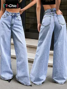 Elegant Chic High Waist Slimming Wide Leg Pocket Jeans Pants, Comfortable Loose Fit Casual Denim Long Trousers for Women, Versatile Fashion Style