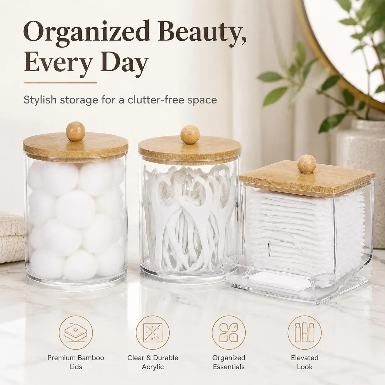 Transparent Storage Box with Wooden Lid - 3-Count Bathroom Counter Organizer for Cotton Balls, Cotton Swabs, Home & Dormitory Use