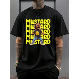 Men's Mustard Graphic Print T-Shirt - Casual Short Sleeve Round Neck Summer Tee with Vibrant Yellow & Black Design, Breathable Machine-Washable Fabric for Casual Attire, Comfortable Streetwear, Trendy Casualwear, Durable Fabric Shirt