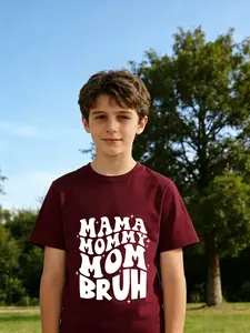 Spring Summer Boys' Casual Short Sleeve T-Shirt, Fun Stacked Words Print Round Neck Top, American Street Style Mother's Day Kids Clothing