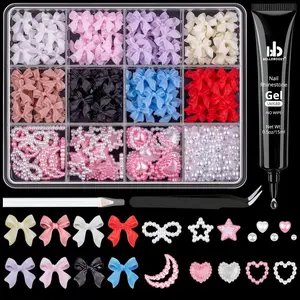 600 Pcs 3D Nail Charms and Flatback Pearls #1, 8 Colors Nail Bows + Pink&White Star Heart Moon Cute Bow Charms + 2-6mm White Pearls for Nail Art Design with Nail Charm Glue(UV Needed) and Pickup Tools