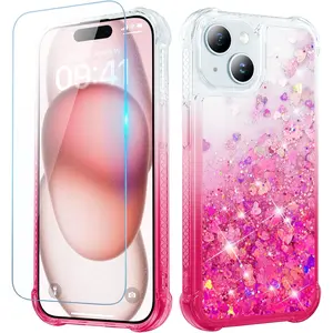 Iphone 15 Case, with Screen Protector Glitter Sparkle Flowing Soft TPU Protective Women Girls Phone Case for Iphone 15, 6.1 Inches, Gradient Pink Ruky