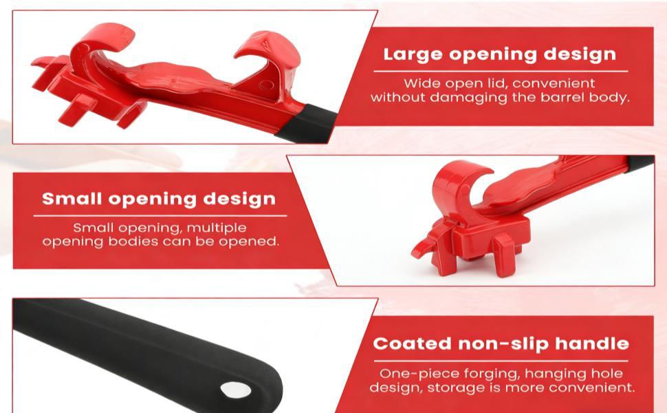 3-in-1 Aluminum Drum Bung Wrench & Bucket Opener Tool, Heavy Duty Lid Remover for 5-55 Gallon Barrels & Paint Pails, Non-Slip Ergonomic Handle for Home & Industrial Use (Black Red)