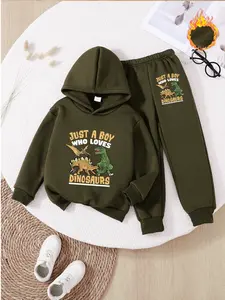Boys' Fleece-Lined Hoodie Set, Dinosaur Cartoon Print, Casual Fall & Winter, Warm Drawstring Pants, Ideal Gift for Kids, Clothing Sets, Children