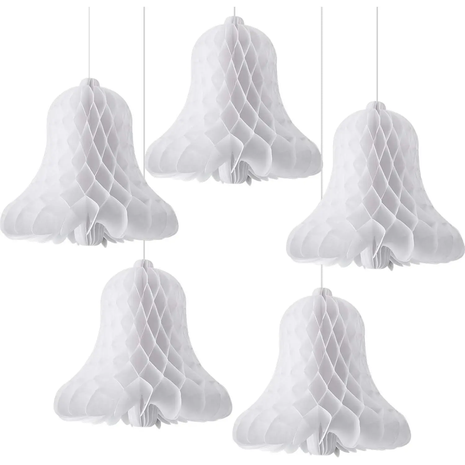 12-Inch (30cm) Large Heavy Synthetic Paper Honeycomb Wedding Bells Ornament Set - 5-Count Modern Festive Decoration, Purity Love Wind Swing Decor Supplies for Weddings, All Seasons Collectibles (White)