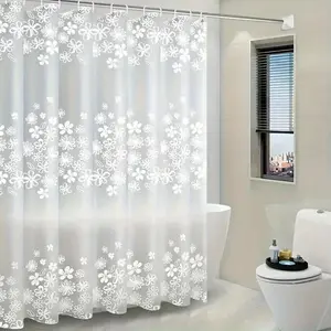 1pc Floral Printed Translucent Shower Curtain with Hooks - Waterproof, Hypoallergenic Bathroom Decor, White Semi-Sheer Design with Delicate Flower Patterns, Perfect for Modern Bathrooms, Bathroom Decor And Accessories