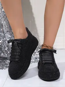 Rhinestone Chunky Sole Shoes, Fashion Essential, Easy Pairing with All, Round Toe, Low Top, Medium Width, All Seasons, Trainer, Walking Shoes, Sneaker