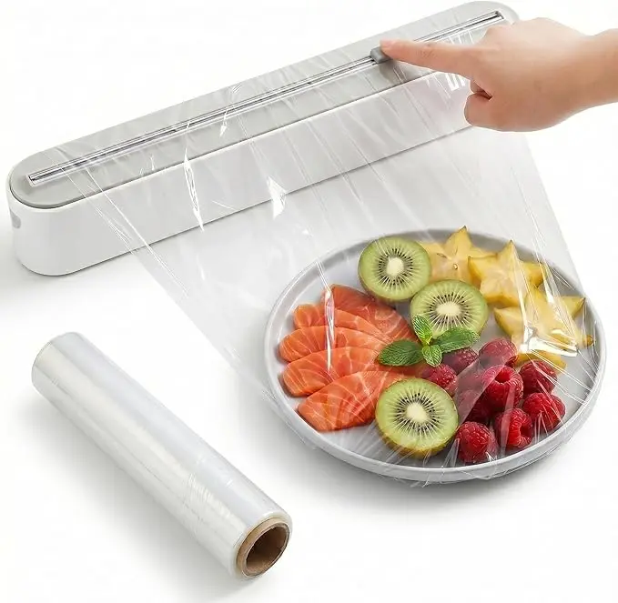 Magnetic Kitchen Plastic Wrap Dispenser with 2-Way Cutter - 100ft Roll Included, Leak-Proof for Leftovers, Abs, Baking, Boosts Kitchen Efficiency, Functional Utensil