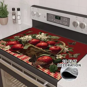 JOYFINITY 1pc Classic Pattern Induction Stove Cover - Elegant Apple Color, Flower And Design With Red And Gold Decorations, Non Slip Mat And Extra Counter Space, Kitchen Decoration And Stove Protector, Kitchen Decorations, Home Chef