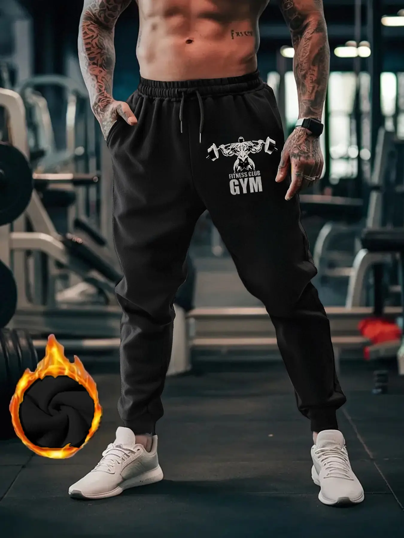 Men's Casual Long Pants, Spring & Fall Wear, Muscle Print Gym Style, Drawstring Waist, Fitted Kint Fabric, Daily Essential, Fitness Training Pant, Workout Pants