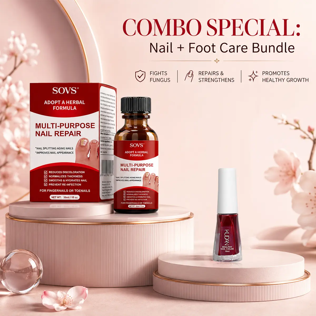 SOVS Multi-Purpose Nail Repair 30ml + Cherry Red Nail Polish Set | Smooths, Strengthens & Enhances Nail Appearance for Hands & Feet#DealsForYouDays summerwins