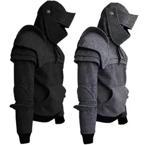 Men Sweatshirt Solid Color Front Pocket Pullover Hoodie Medieval Style Face Cover Hooded Knight Sweatshirt Halloween Clothing Menswear Long Sleeve