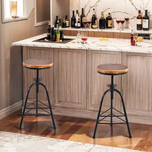 Farmhouse Bar Stools-Industrial Set of 2 Counter Stool-24.4-28.3inch Height Adjustable Shop Stool-Vintage Breakfast Dining Chair for Home Kitchen-Retro Cafe Chair for Patio-With Swivel Wooden Seat