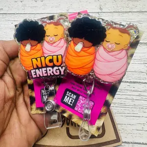 Funny NICU Energy Sparkly Retractable Badge Reel Cute Acrylic ID Holder For Neonatal Intensive Care Unit Nurse RN LPN Medical Accessory