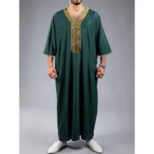 Men'S Vintage Polyester Burqa Robe - Solid Color, V-Neck, Three Quarter Sleeves, Loose Fit, Exaggerated Ruffle Detail, Spring/Fall Season, Woven Fabric, 95% Polyester 5% Spandex, 140 g/m² - No Belt