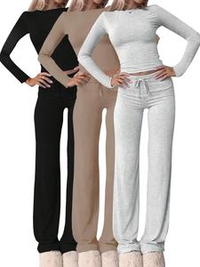 women's solid ribbed drawstring lounge set, casual comfy long sleeve top & pants set for fall & winter, matching pajamas, women's sleepwear lounging  for indoor wear, fit during wear