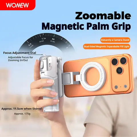 WONEW Z3 Series Luxury Zoomable Magnetic Palm Grip Mini Selfie Stick - Metal Alloy Adjustable Phone Mount, Built-In Grip & Detachable 360-Rotation Tripod Camera Support Stand, Zoom Control, Focus Dial, TPU Universal Fit, Portable for Phone Videographers,