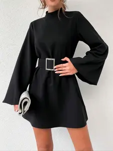 Women's Plain  Long Sleeve Dress with Belt, Elegant Fashion Casual Dress for Daily Outdoor Wear, Women Dress for All Seasons