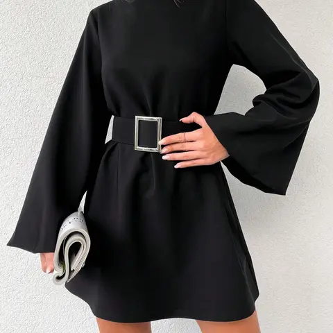Women's Plain Woven Long Sleeve Dress with Belt, Elegant Fashion Casual Dress for Daily Outdoor Wear, Women Dress for All Seasons