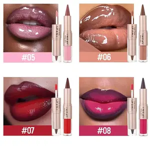 2-in-1 Lipstick and Liquid Lip Gloss - Matte finish, dual-ended design with mirror, plant-derived natural squalane, smooth application suitable for all light brown shades, multiple tones, stylish metallic cap, high-quality effect, perfect women's lipstick