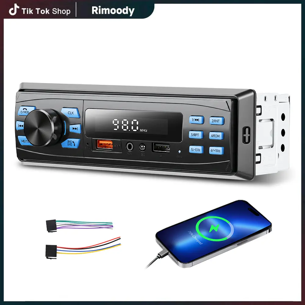 Rimoody Single Din Car Stereo A1900IC - DC 12V-14.4V Aftermarket Bluetooth In-Dash Radio, MP3 Player with USB/TF Media Card Reader/AUX-IN, 522~1620kHz & 87.5~108MHz FM Receiver, Subwoofer Compatibility, Preset Storage, Horn Cable, Father's Day Gift