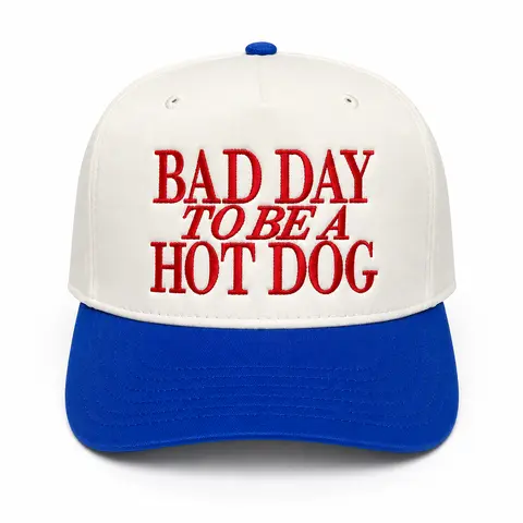 Unisex 90s Vibes Chatty Slogan Trucker Hat - "Bad Day To Be a Hot Dog", Streetwear Clothing, Curved Brim, Lightweight Mesh, Adjustable Snapback, Sun Protection Cap, Back To School Gift