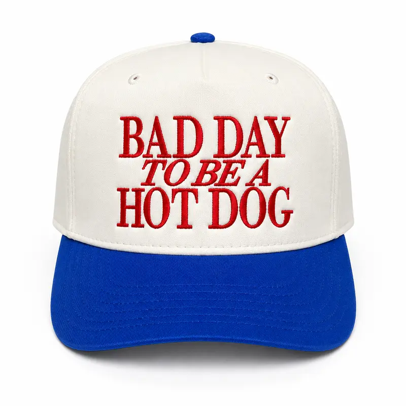 Unisex 90s Vibes Chatty Slogan Trucker Hat - "Bad Day To Be a Hot Dog", Streetwear Clothing, Curved Brim, Lightweight Mesh, Adjustable Snapback, Sun Protection Cap, Back To School Gift