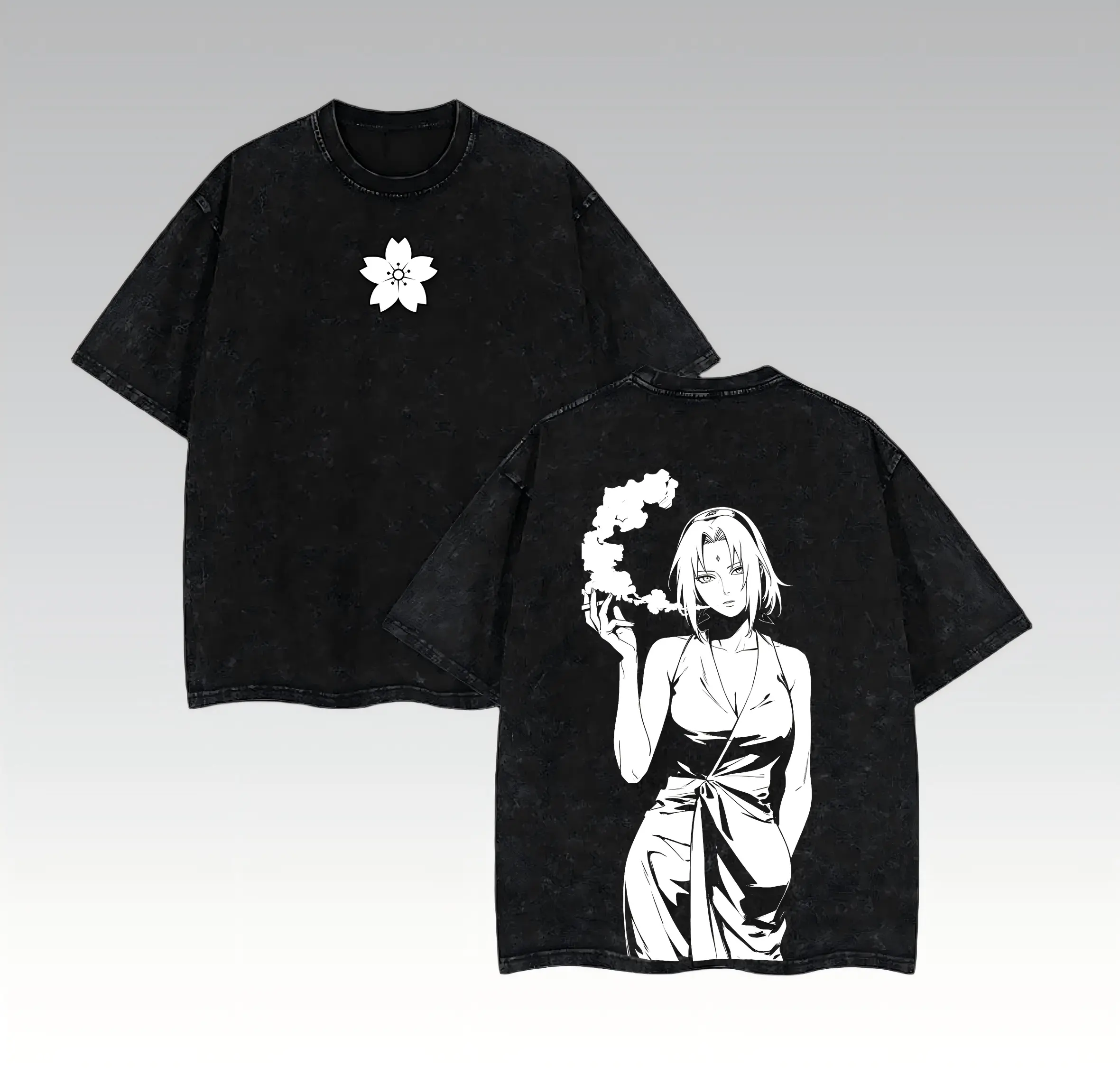 ST 100%cotton Sakura Haruno Wife Sasuke x Naruto Double Printed Vintage Washed Tee, Unisex Oversized Heavyweight Cotton T-shirt for Anime Fans Sakura Fan Retro Grunge Ninja Manga Oversized Streetwear Top