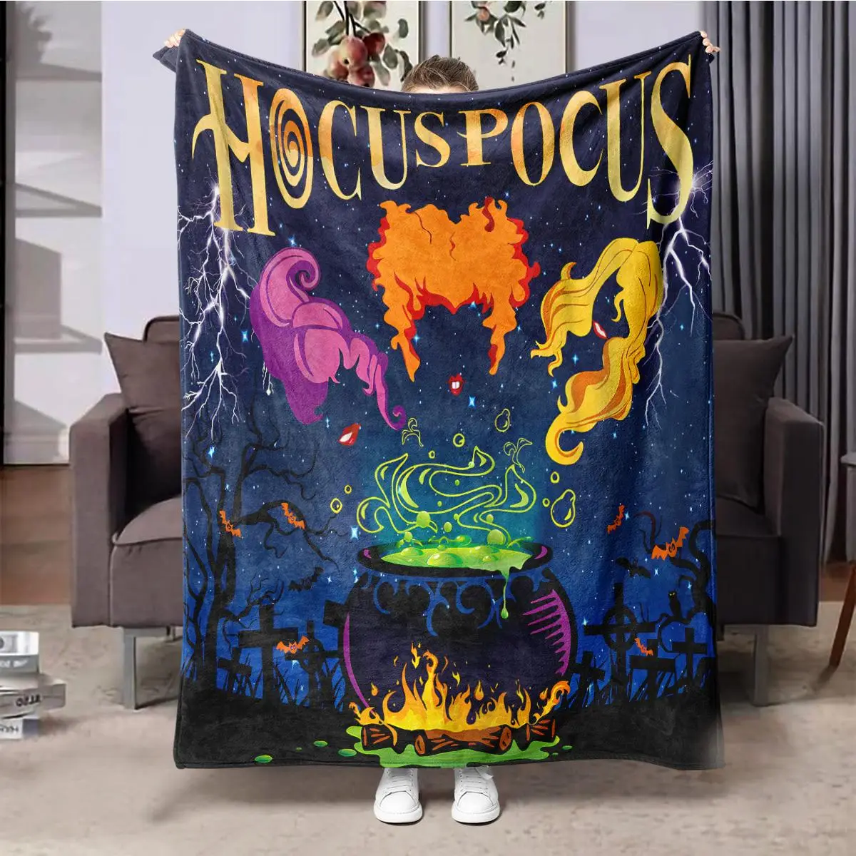 Hocus Pocus Themed Flannel Blanket, 1 Count Soft Washable Throw Blanket, Bedding Supplies for Home Office Travel Camping