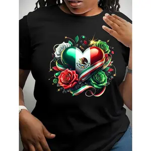 Cotton Short Sleeve  T-Shirt Casual Cinco de Mayo Heart & Floral Print's T-Shirt - Vibrant Mexican Flag Design with Roses, Short Sleeve, Round Neck, Soft Polyester, Machine Washable, Perfect for Summer Top Black Crewneck Fabric