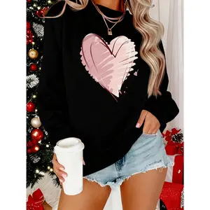 Pink Heart Print Sweatshirt - Women's Autumn Winter Casual Long Sleeve Crew Neck Sweatshirt - Machine Washable - Soft Casual Outfit - Novel Design - Women's Clothing