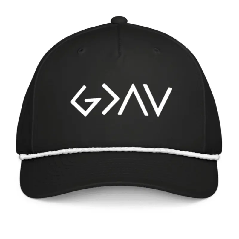 God's Greater Than the Highs and Lows Black Flexfit Hat with White Rope
