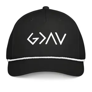 God's Greater Than the Highs and Lows Black Flexfit Hat with White Rope
