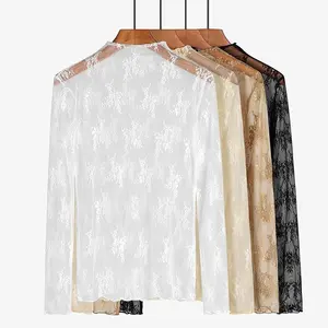 3PCS  Women's Lace Layering Top Long Sleeve Sheer Mesh Mock Neck Undershirt Lace Floral Tops See Through Shirt Blous,Multiple Chic Hues, Sheer Design, and Timeless Lace Detailing