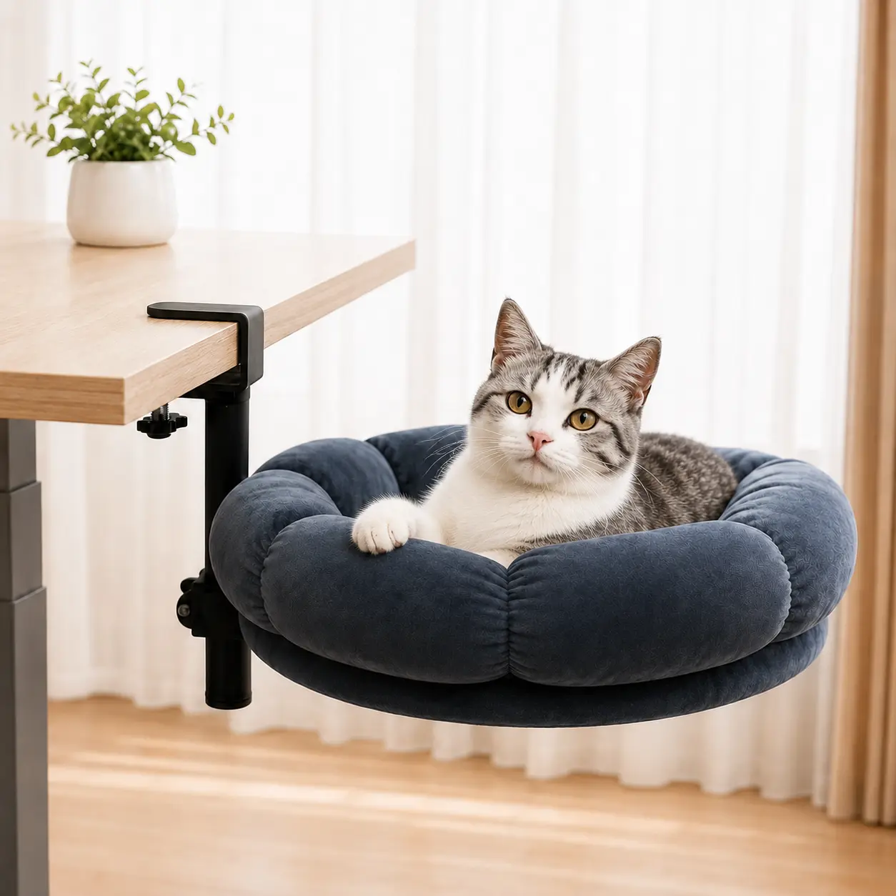 DeskPurrch Under-Desk Cat Perch, Cozy Desk Cat Bed for Work From Home, 360° Swivel, Height Adjustable, Space-Saving & Detachable Washable Plush Bed